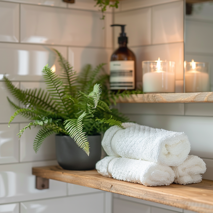A lifestyle image of rolled towels, plant, candles and soap bottle on a bathroom shelf